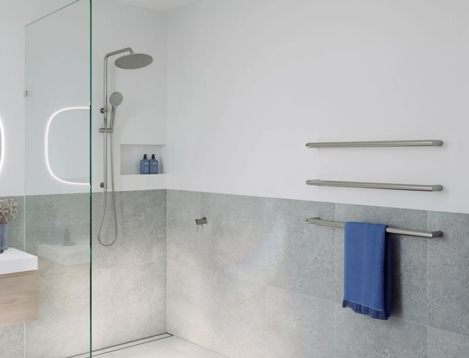 Modern walk-in shower install with rainfall head and matte fixtures
