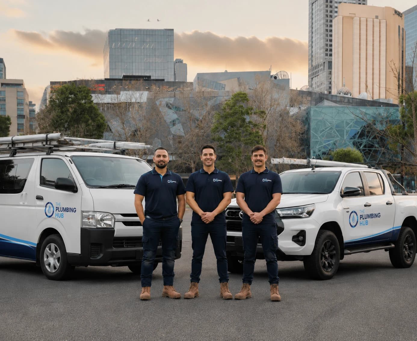 The Plumbing Hub Melbourne team in uniform with branded service vehicles